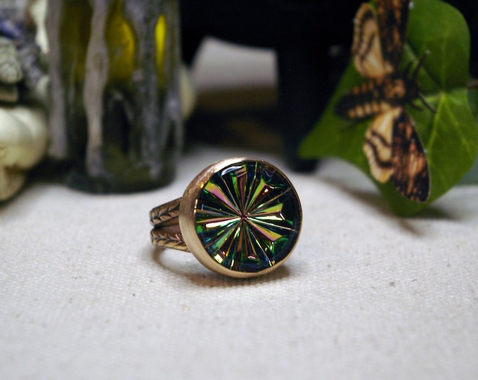 Rainbow Vintage Pinwheel Ring, Glass Stone, Bronze Setting, Size 7 1/2
