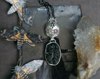 Cursed Doll Necklace, Raw Indochinite Tektite, Seal of Saturn, Blackened Silver Chain