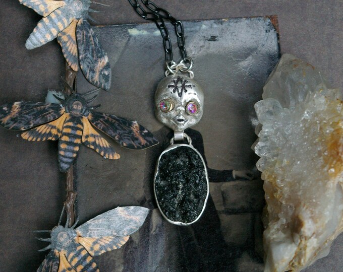 Cursed Doll Necklace, Raw Indochinite Tektite, Seal of Saturn, Blackened Silver Chain