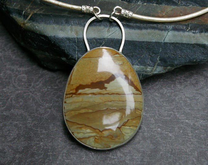 Desert Landscape Necklace, Reversible Image, Jasper in Sterling Silver, Pearl Leather Cord
