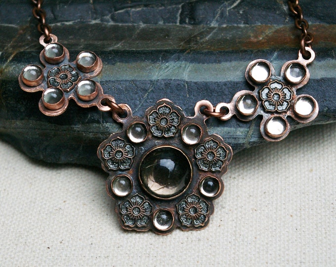 Tudor Necklace, Gray Glass Vintage Stones, Hand-cut Recycled Copper, Hand-painted Flowers