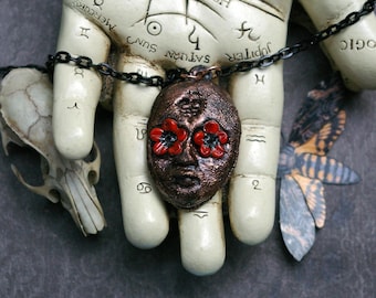 Folklore Choker, Abstract Offering Mask, Folk Horror Flower Eyes, Recycled Copper
