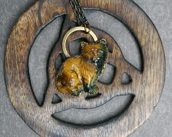Tortoiseshell Cat Necklace, Carved Tiger's Eye Stone, Hand-fabricated Brass Setting