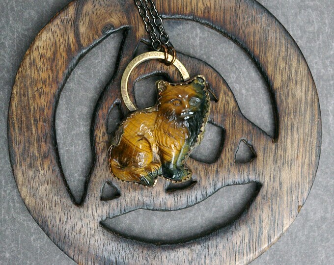 Tortoiseshell Cat Necklace, Carved Tiger's Eye Stone, Hand-fabricated Brass Setting