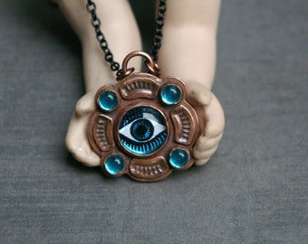 Eye Amulet Pendant, As Above So Below, Recycled Copper Setting, Blue Preciosa Stones