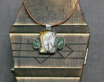 Agate & Emerald Grave Necklace, Sterling Silver Setting, NSFW Phrase, Dark Humor