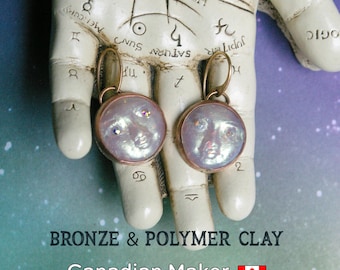 Harvest Moon Bronze Earrings, Painted Polymer Clay, Rhinestone Eyes