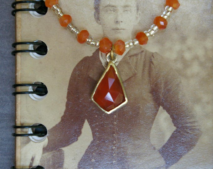 Orange Onyx Necklace, Hand-fabricated Brass Setting, Vintage Seed Beads