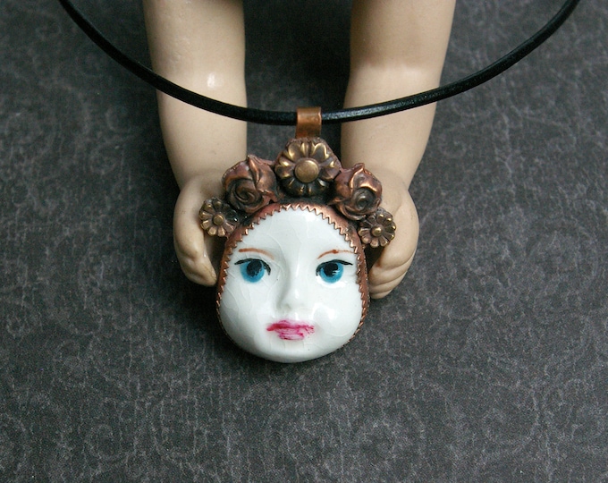 Folklore Doll, Forest Spirit Jewelry, Flower Crown Porcelain Face, Recycled Copper, Black Leather