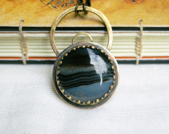 Banded Agate Planet Pendant, Antiqued Brass and Black Enamel Chain