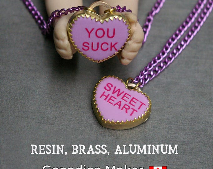 Retro Candy Heart Necklace, Nostalgic Jewelry, 80s and 90s, Purple Aluminum Chain