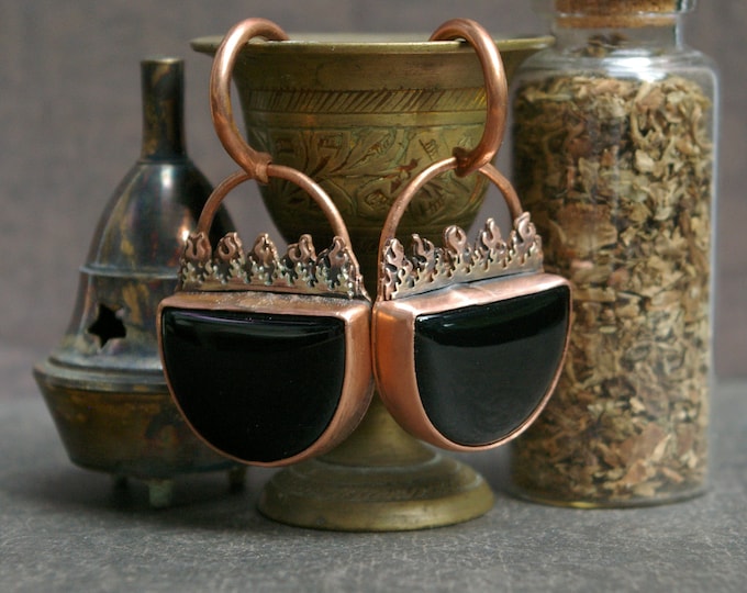 Cauldron Weights, 10g Copper Hoops, Obsidian Stones, Copper Setting, Brass Flame Accents