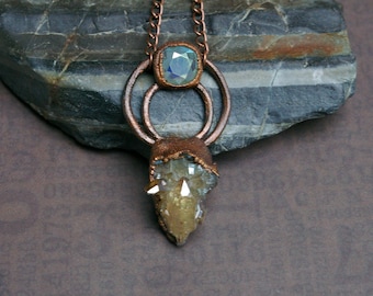 Whimsigoth Crystal Pendant, Aura Quartz Cluster, Duotone Blue/Gold, Aurora Swarovski, Recycled Copper