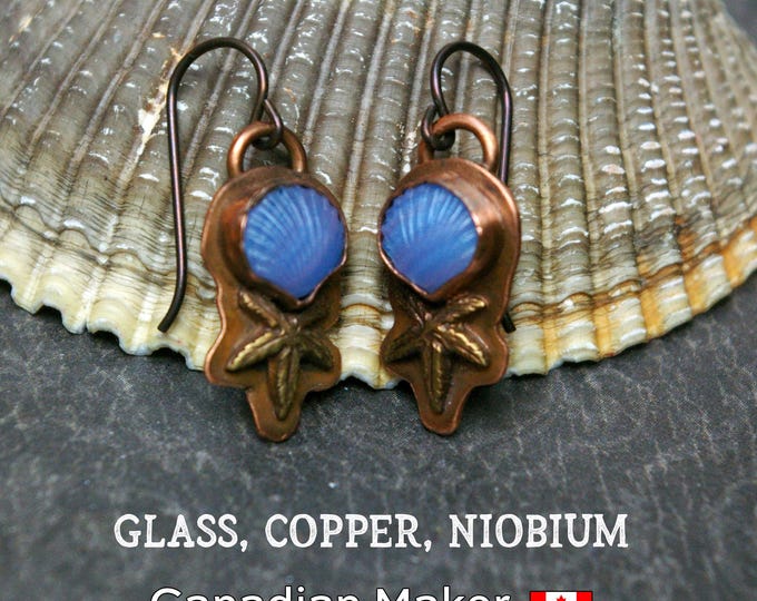 Seashell Starfish Copper Earrings, Vintage Glass Shells, Niobium Earwires