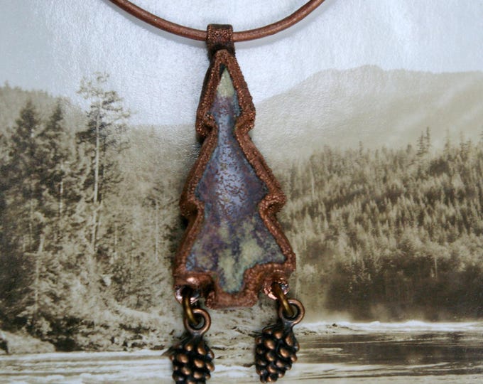 Lone Pine Tree Pendant, Moss Agate, Recycled Copper Setting, Leather Choker