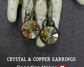 14g Crystal Ear Hangers, Golden Rivoli Stones, Recycled Copper, Stainless Steel Hoops