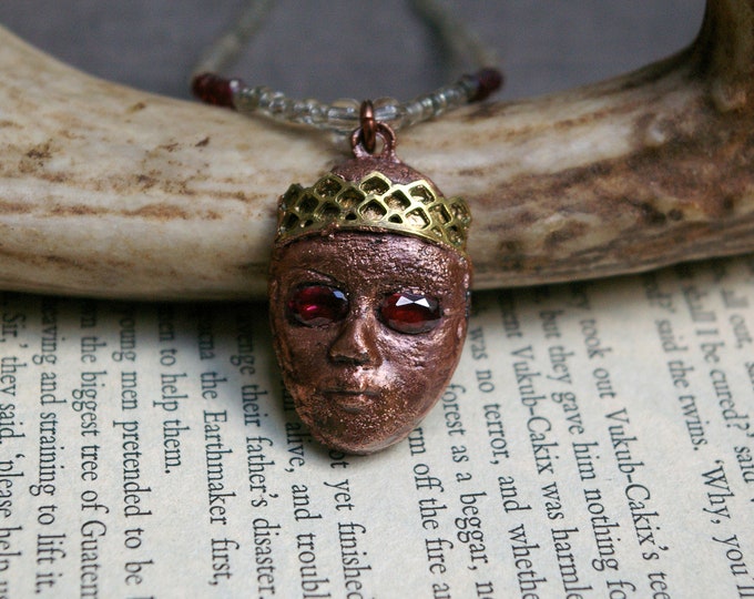 Ancient Queen Choker Necklace, Textured Copper Face, Garnet Eyes, Brass Crown, Recycled Metal