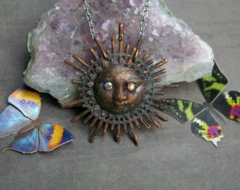 Sun Spirit Recycled Copper Pendant, Aurora Gem Eyes, Stainless Steel Chain
