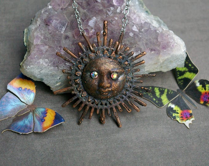 Sun Spirit Recycled Copper Pendant, Aurora Gem Eyes, Stainless Steel Chain