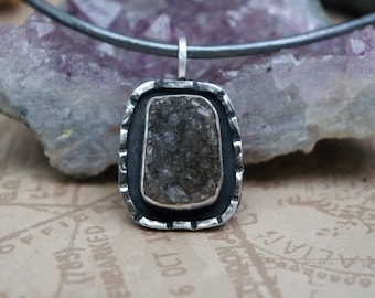Cottagecore Jewelry, Druzy Pendant, Hammered Sterling Silver Setting, Gunmetal Leather Cord