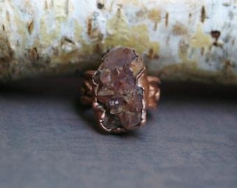Thunder Bay Amethyst, Recycled Copper Ring, Bramble Pattern Band, Size 6 1/2