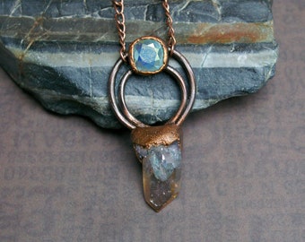 Aura Quartz, Scrying Crystal Pendant, Duotone Blue and Gold, Aurora Borealis Swarovski, Recycled Copper