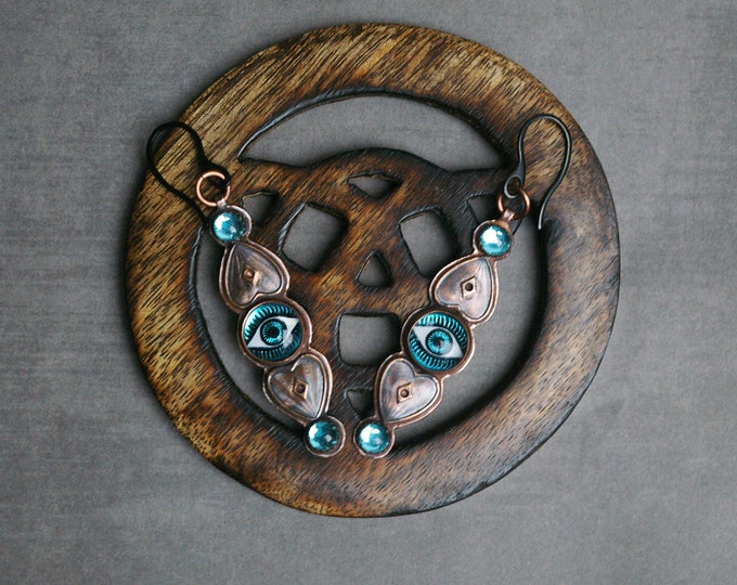 Evil Eye Earrings, Vintage Blue Glass Stones, Recycled Copper Setting, 18g Black Steel Earwires