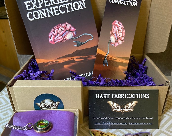 Book Box Her Experience Connection, Sci-Fi Short Story, Vintage Glass Bronze Steel Necklace, Holographic Sticker