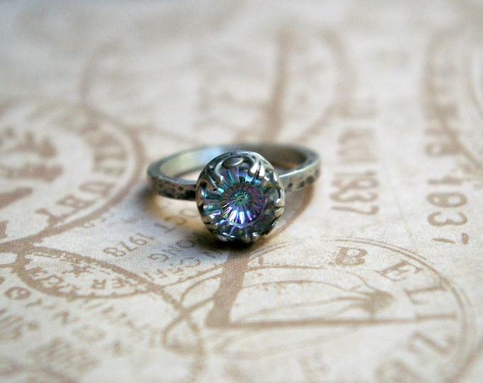 Vintage Glass Ring, Sterling Silver Setting, Blue/Pink Button Style, Size 7