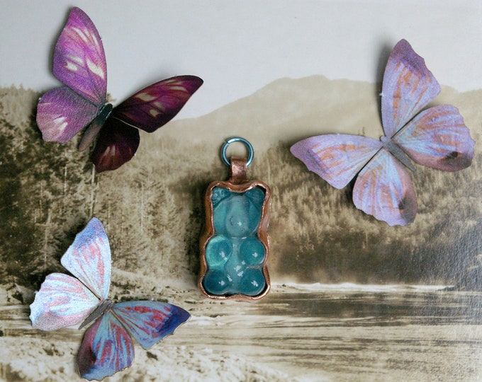 Gummy Bear Glass Charm, Recycled Copper Setting, Blue Aluminum Hoop