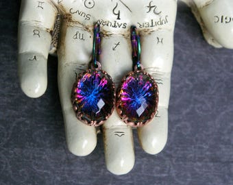 Vintage Volcano Glass Earrings, Copper Backplate, Rainbow Stainless Steel Leverbacks