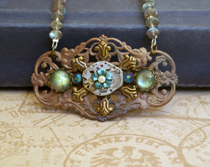 Vintage Assemblage Necklace, Labradorite Stones & Beads, Upcycled Ladies Wristwatch