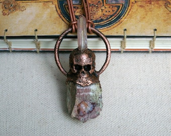 Skull Pendant, Raw Opal, Pink Aura Crystal, Metallic Brown Leather Cord