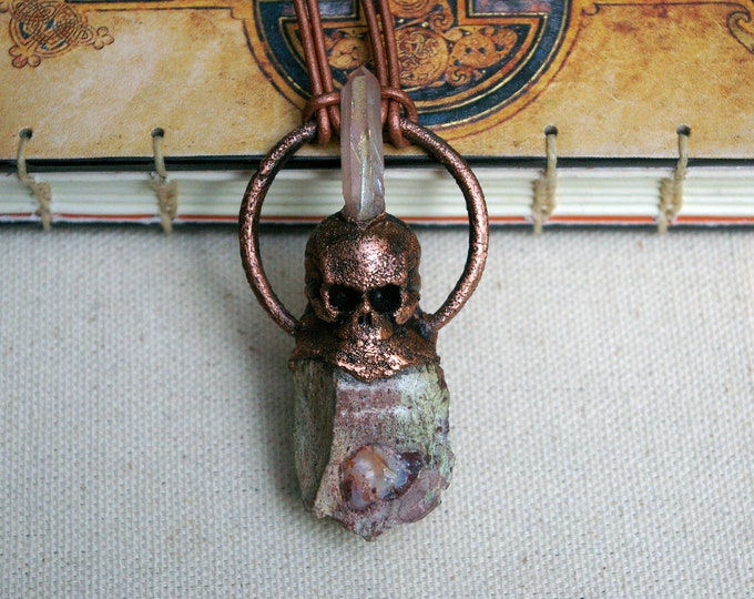 Skull Pendant, Raw Opal, Pink Aura Crystal, Metallic Brown Leather Cord