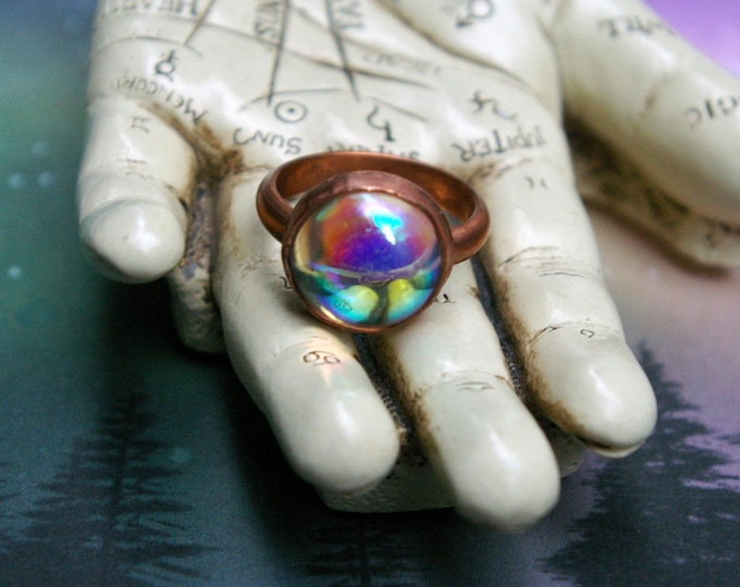 Vintage Aurora Glass and Hand-fabricated Copper Ring, Size 9 3/4