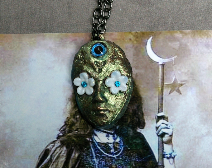 Occult Art, Creepy Pendant, Folk Horror Flower Eyes, Third Eye, Recycled Copper
