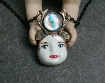 Fairypunk Necklace, Weirdcore Jewelry, Dryad Pendant, Recycled Copper & CD, Brass and Black Steel