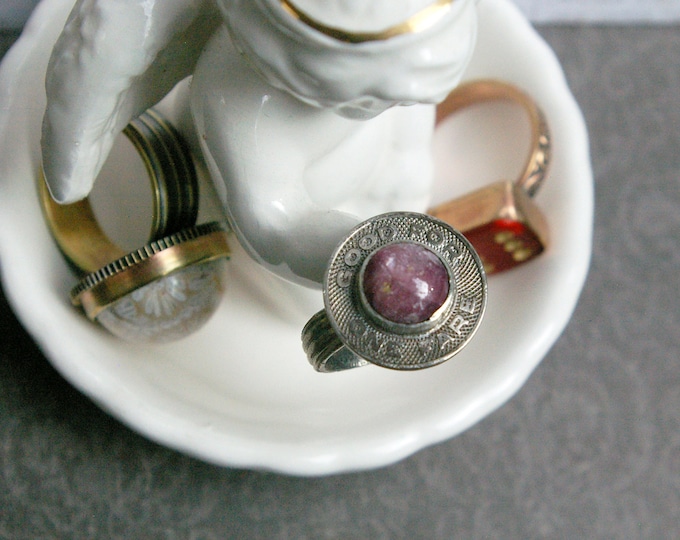 Upcycled Transit Token Ring, Star Ruby Stone, Reticulated and Vintage Sterling Silver Band