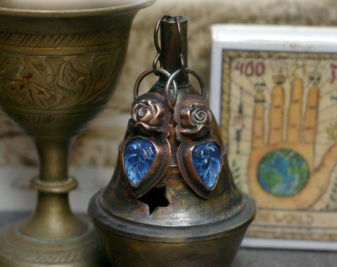 Copper Rose Earrings, Vintage Glass Leaves, Niobium Earwires