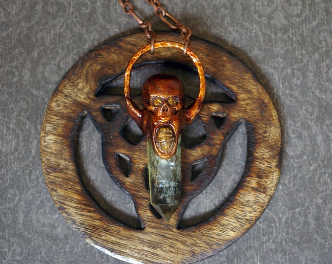 Halloween Pendant, Skull & Scarab, Citrine Point, Electroformed Recycled Copper