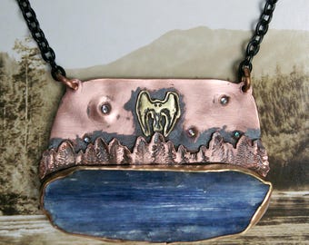 Mothman over a Frozen Lake Mixed Metal Necklace, Copper & Brass, Raw Kyantie