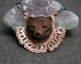 Sleeping Bear Necklace, Feminist Theme, Stamped Soldered Copper