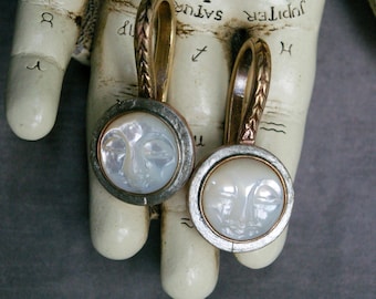 Full Moon 10g Ear Hangers, Mother of Pearl Carvings, Bronze Celestial Earrings, Modified Ears