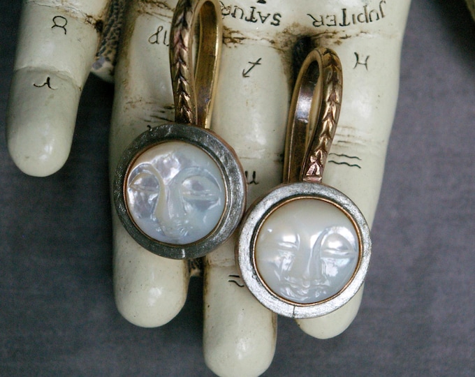 Full Moon 10g Ear Hangers, Mother of Pearl Carvings, Bronze Celestial Earrings, Modified Ears