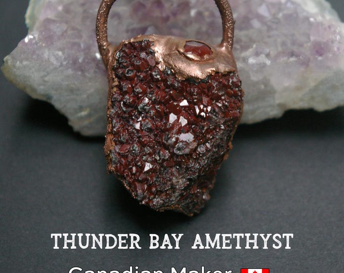 Thunder Bay Amethyst Pendant, Druzy Nugget, Garnet Accent in Recycled Copper