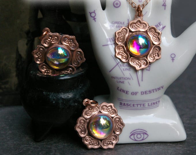 Vintage Aura Glass in Copper Charm, Flower of Avalon Amulet, Hand-stamped, Hand-cut