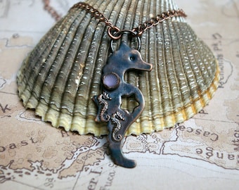 Seahorse Mermaid Necklace, Seashell and Babies Pendant, Beachy Boho Earthy, Copper and Glass Choker