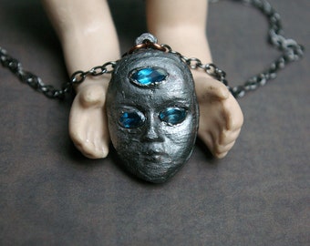 Mask Necklace, Painted Copper Face, Blue Topaz, Recycled Metal