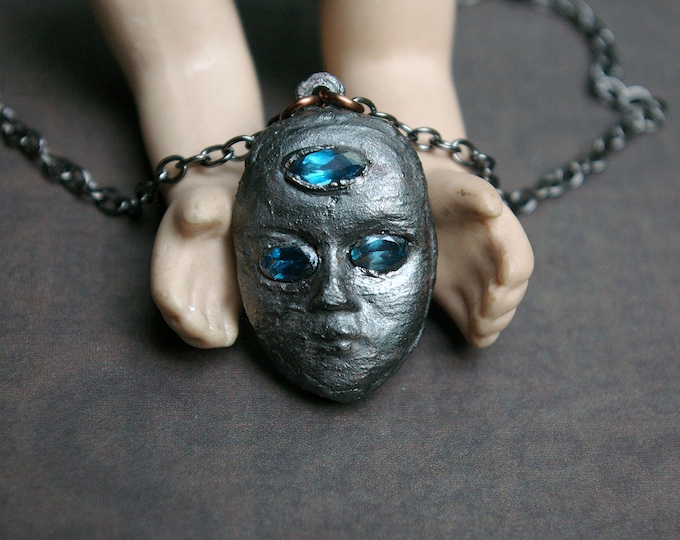 Mask Necklace, Painted Copper Face, Blue Topaz, Recycled Metal