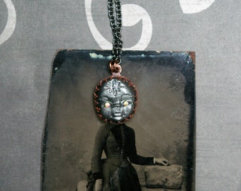 Whimsigoth Haunted Doll Head, Weirdcore Occult Jewelry, Recycled Copper, Seal of Saturn